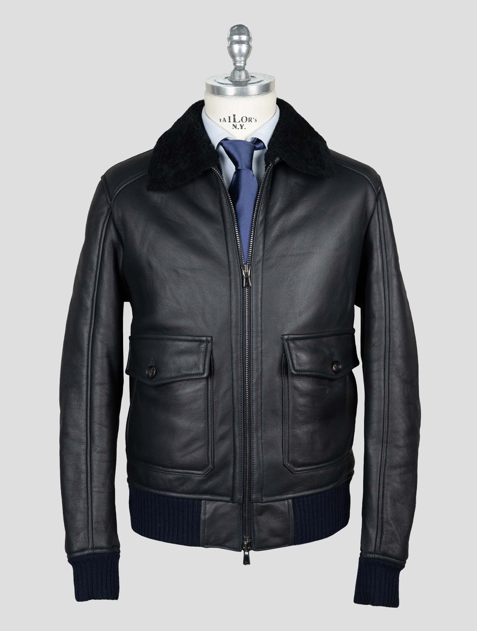 Isaia Black Leather Shearling Coat