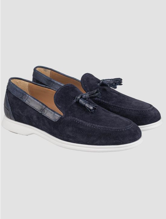 Kiton Blue Leather Crocodile Leather Suede Loafers KSY9 1