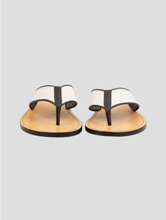 Kiton Beige Brown Cotton Leather Slippers 2