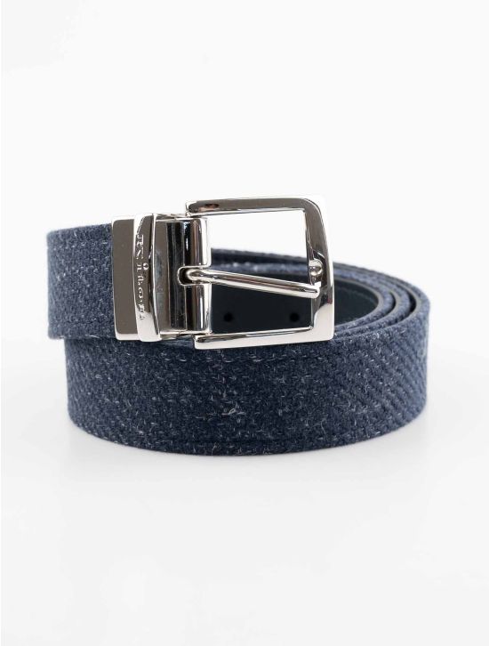 Kiton Blue Leather Cashmere Virgin Wool Silk Linen Belt 1