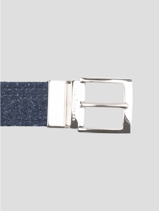 Kiton Blue Leather Cashmere Virgin Wool Silk Linen Belt 2
