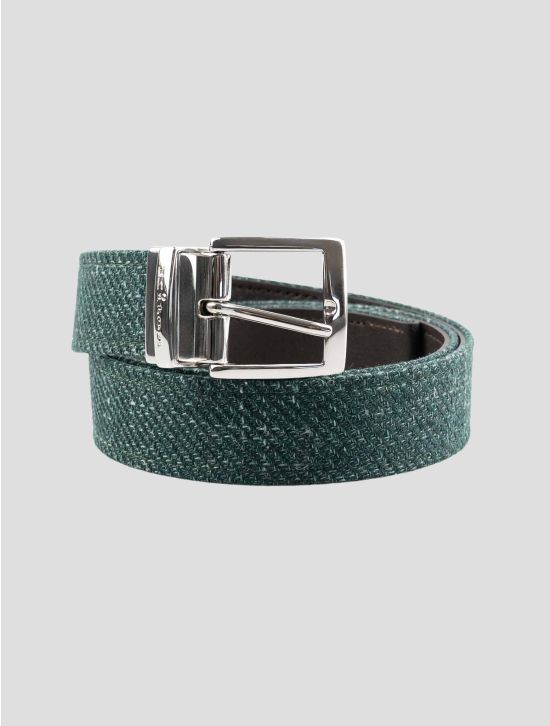 Kiton Green Brown Leather Cashmere Virgin Wool Silk Linen Belt 1