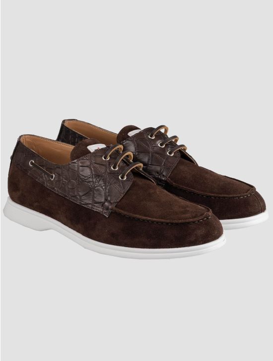 Kiton Brown Leather Crocodile Leather Suede Loafers KSY3 1