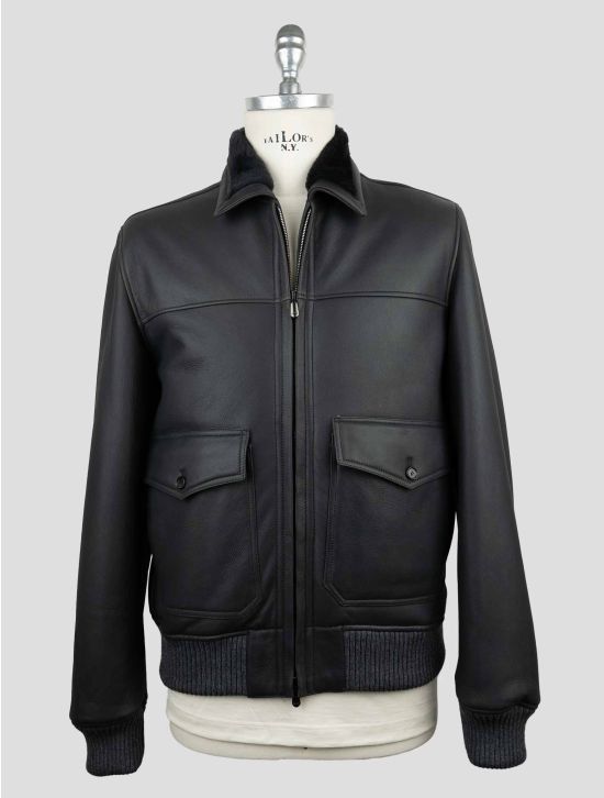 Cesare Attolini Black Leather Shearling Coat 1