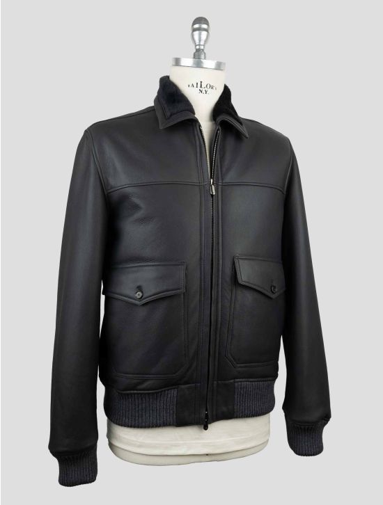 Cesare Attolini Black Leather Shearling Coat 2