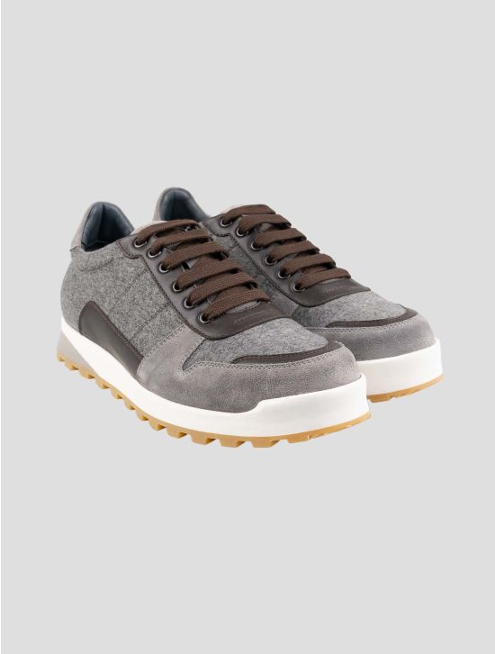 Isaia Brown Gray Cashmere Leather Sneakers 1
