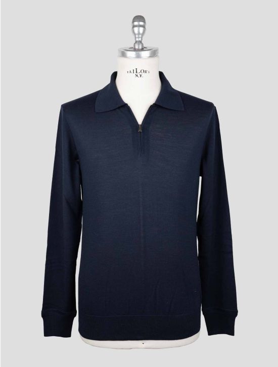 Isaia Blue Wool Sweater Polo Half Zip 1