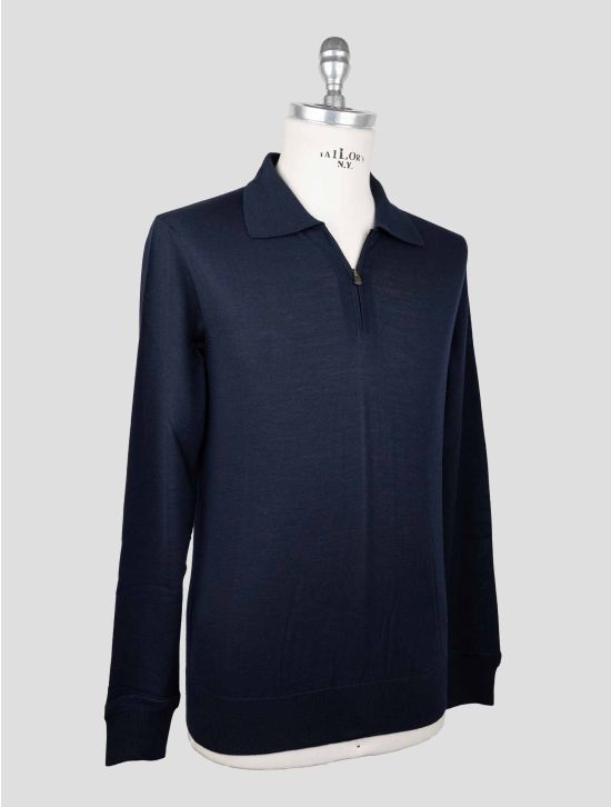 Isaia Blue Wool Sweater Polo Half Zip 2