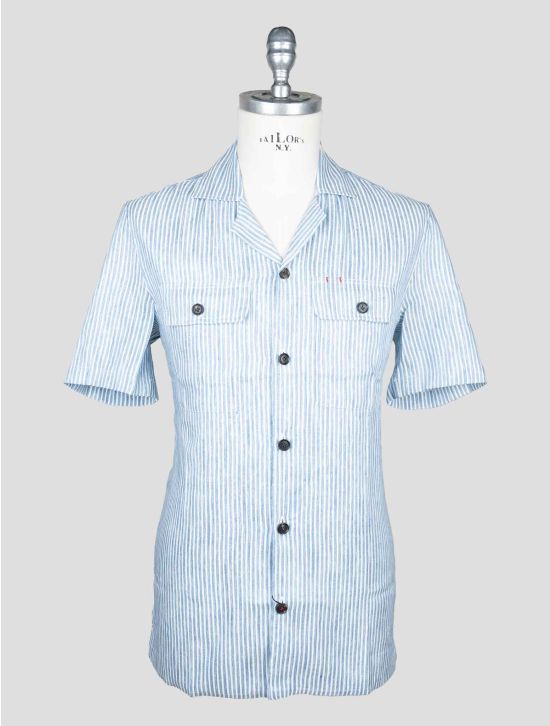 Isaia Blue White Linen Cotton Silk Shirt Short Sleeve 1
