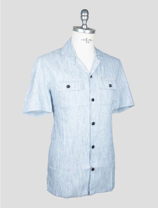 Isaia Blue White Linen Cotton Silk Shirt Short Sleeve 2