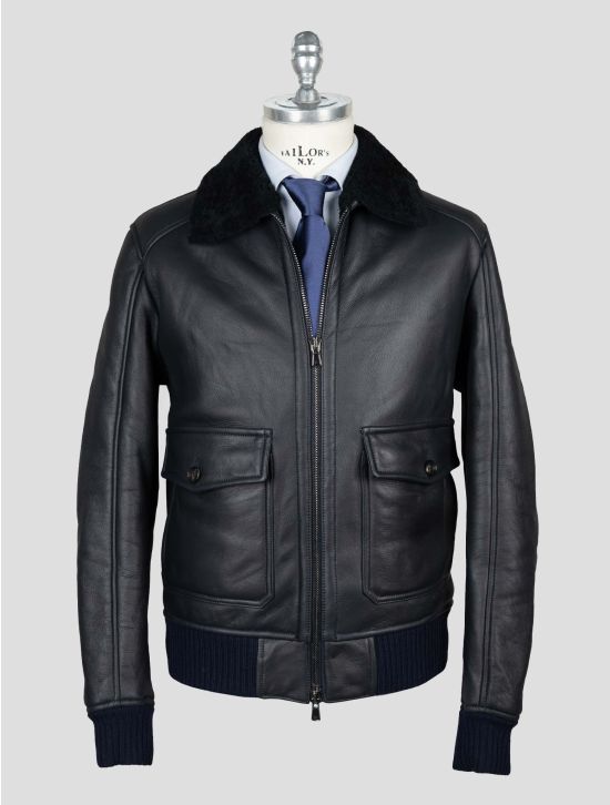 Isaia Black Leather Shearling Coat 1