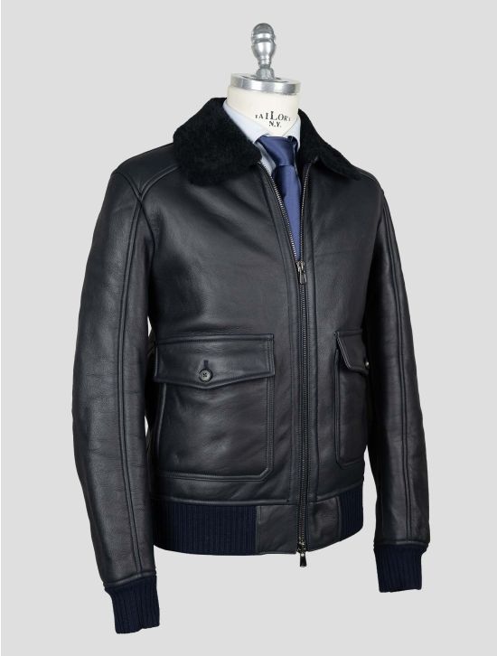 Isaia Black Leather Shearling Coat 2