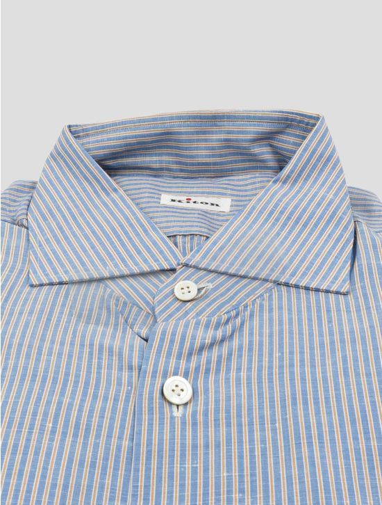 Kiton Light Blue Beige Cotton Linen Shirt 2