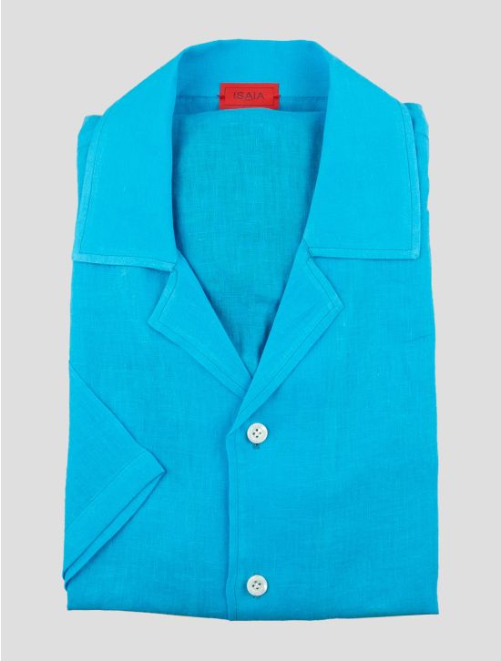 Isaia Light Blue Linen Shirt Short Sleeve 1