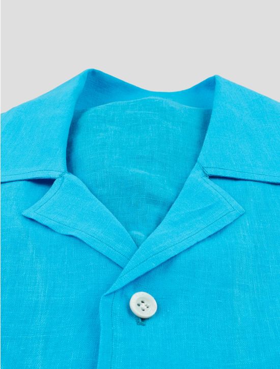 Isaia Light Blue Linen Shirt Short Sleeve 2