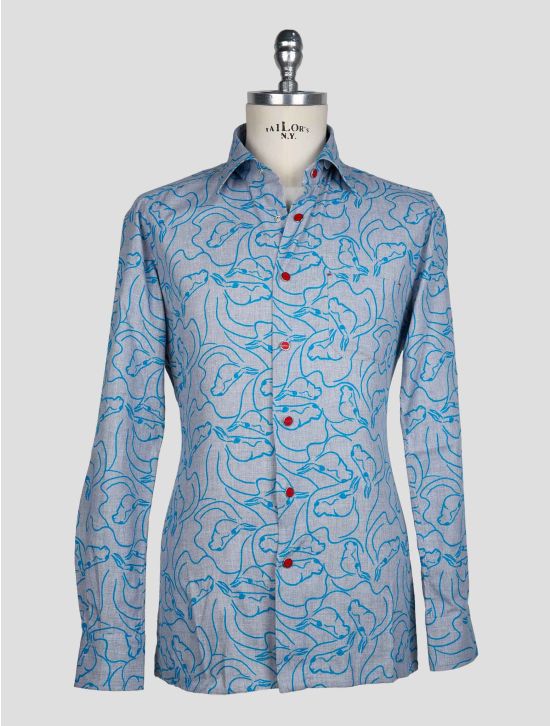 Kiton Gray Light Blue Cotton Shirt 1