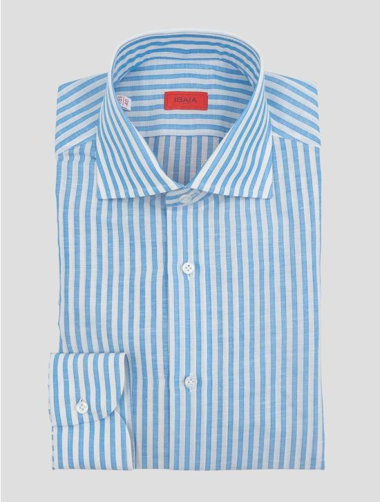 Isaia Light Blue  White Linen Cotton Shirt 1