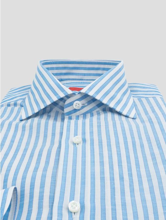 Isaia Light Blue  White Linen Cotton Shirt 2