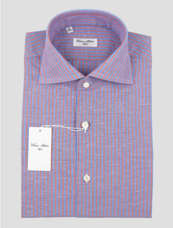 Cesare Attolini Cesare Attolini Blue Red Cotton Linen Shirt Blue / Red 000