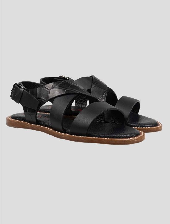 Isaia Isaia Black Leather Leather Crocodile Sandals Black 000