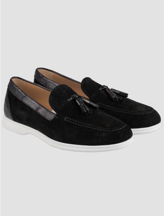 Kiton Kiton Black Leather Crocodile Leather Suede Loafers Black 000