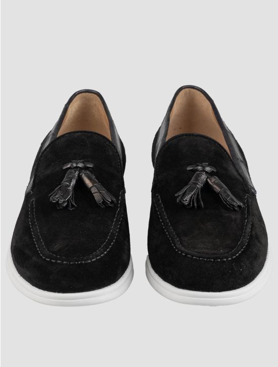 Kiton Kiton Black Leather Crocodile Leather Suede Loafers Black 001