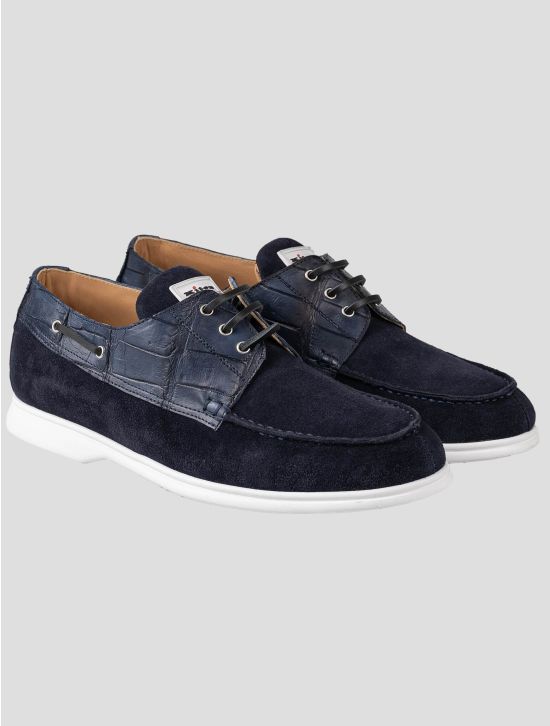 Kiton Kiton Leather Crocodile Leather Suede Loafers Blue 000