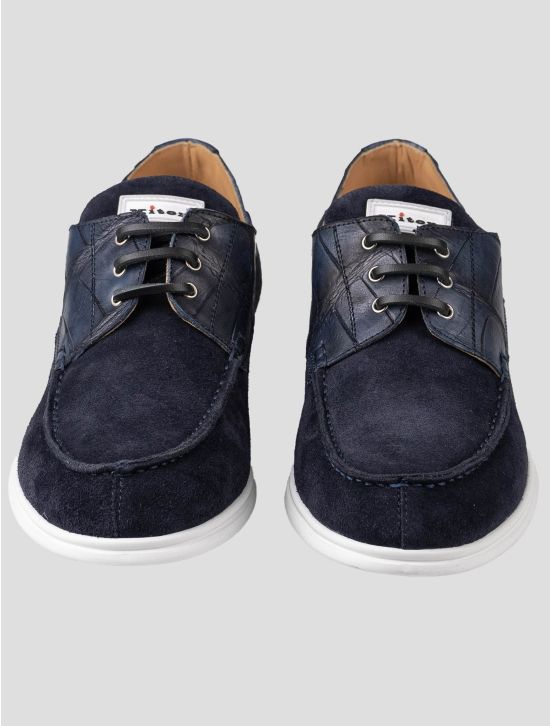 Kiton Kiton Leather Crocodile Leather Suede Loafers Blue 001