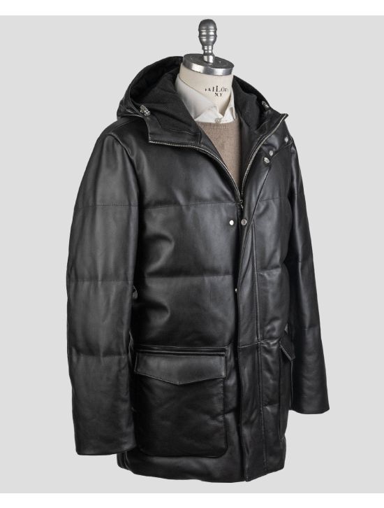 Kiton Kiton Black Leather Vicuna Perù Coat Black 001