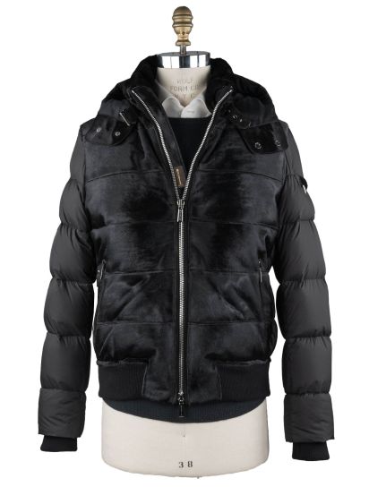 MooRER Black Leather Bos Taurus Sheepskin Collar Coat | IsuiT