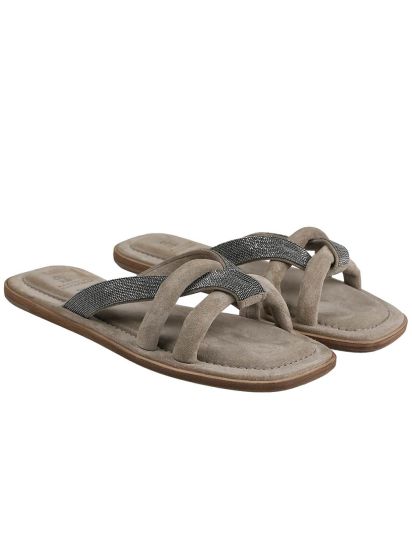 サンダル・ミュール BRUNELLO CUCINELLI Monile Sandals Gray Brunello Cucinelli Monili Embellished Leather Slides