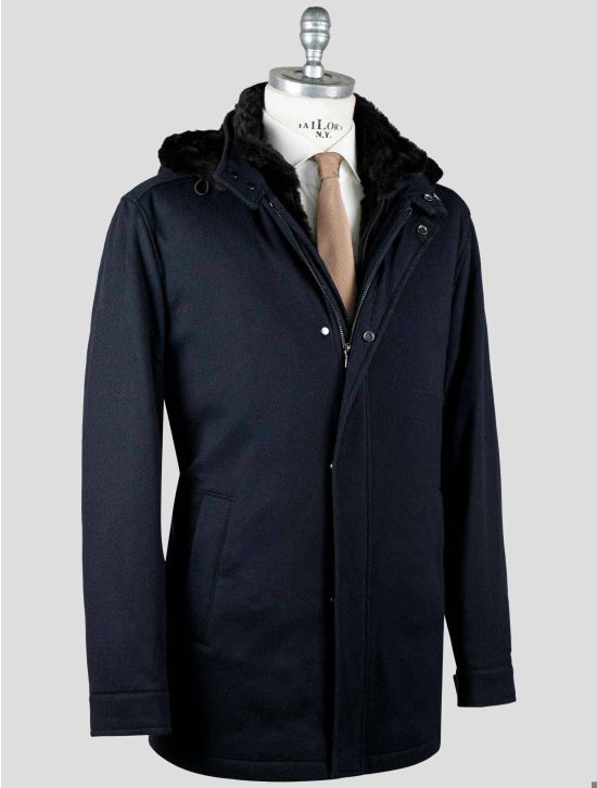 Barba Napoli Barba Napoli Dark Blue Virgin Wool Cashmere with Lapin Fur Overcoat Dark Blue 001