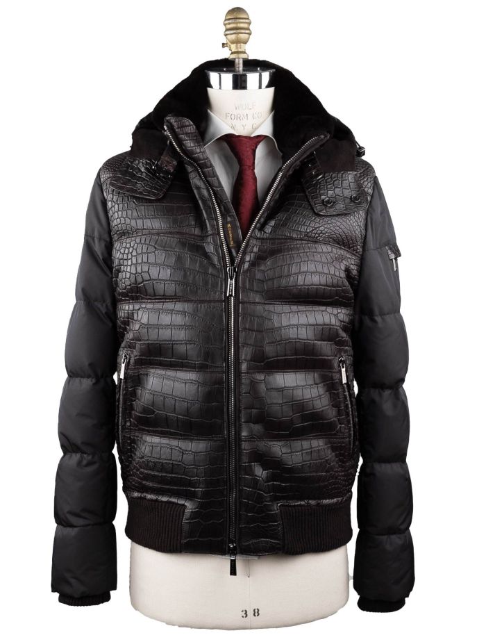 MooRER Brown Black Leather Crocodile Pl Fur Collar Coat | IsuiT