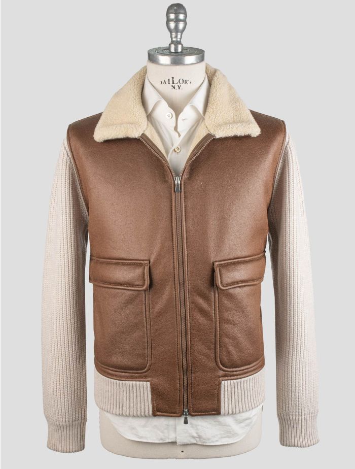 Gran Sasso Brown Beige Leather Shearling Virgin Wool Coat Full Zip