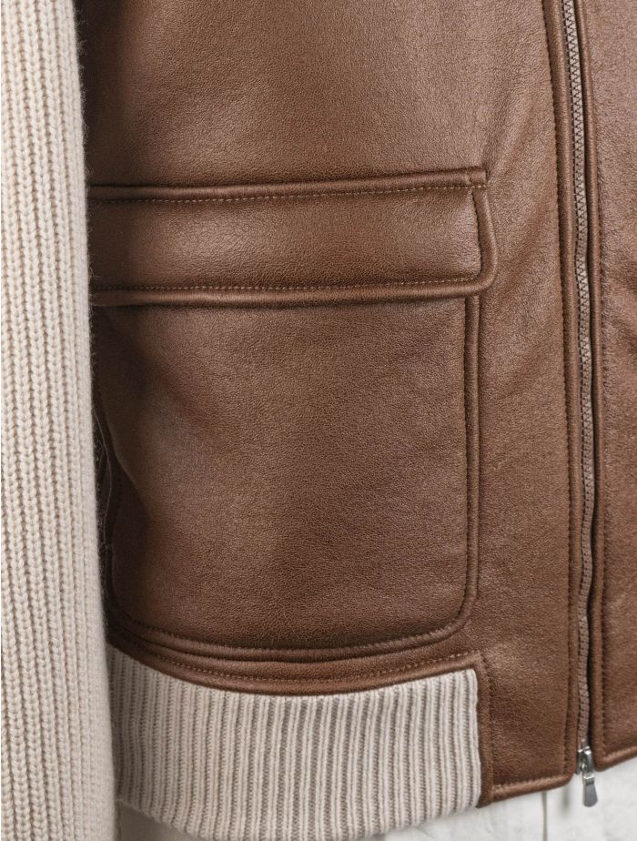 Gran Sasso Brown Beige Leather Shearling Virgin Wool Coat Full Zip