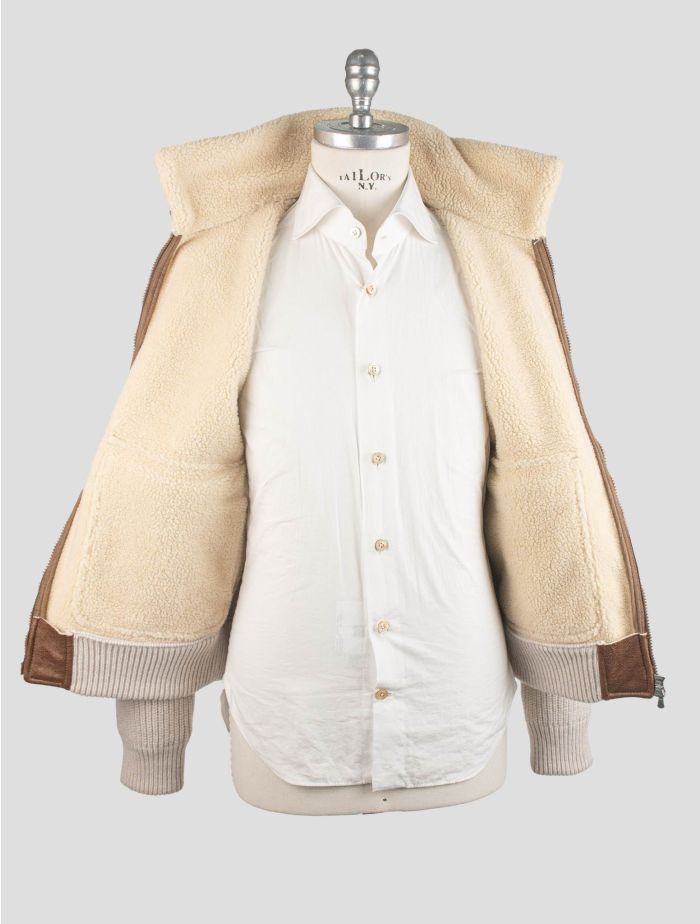 Gran Sasso Brown Beige Leather Shearling Virgin Wool Coat Full Zip
