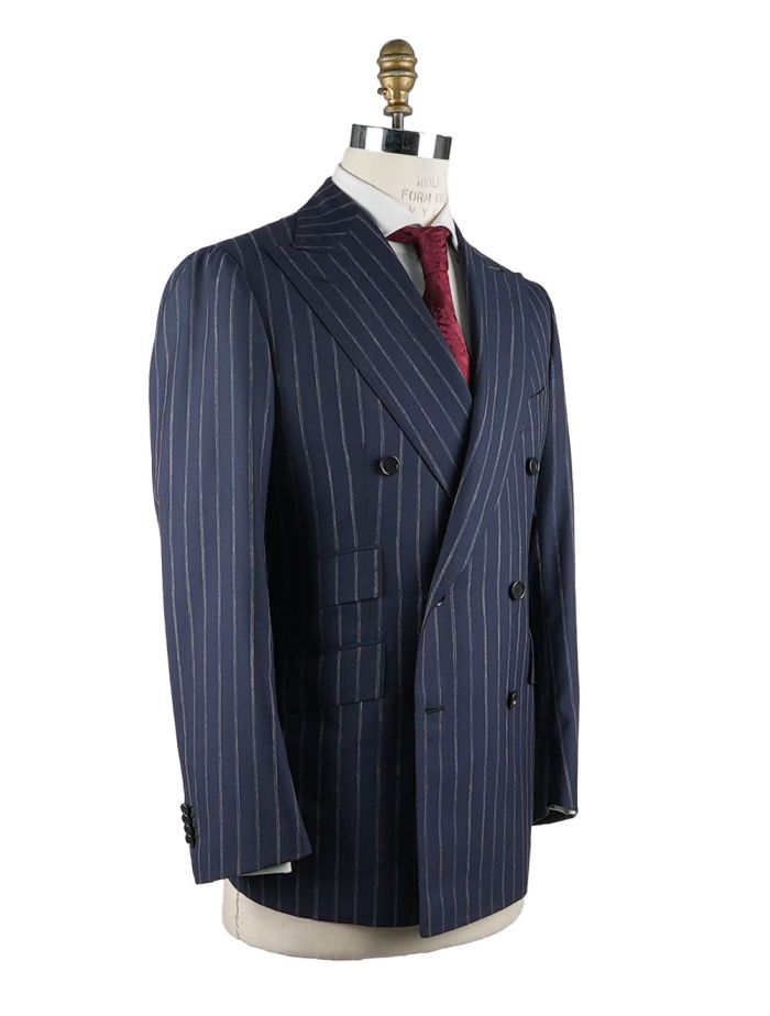Cesare Attolini Blue White Wool Silk Linen Suit Double