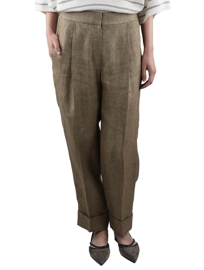 パンツ BRUNELLO CUCINELLI Woman Pants Ice MH561P8534 C455 Brunello Cucinelli Gold Linen Pa Metallic Pants Woman | IsuiT