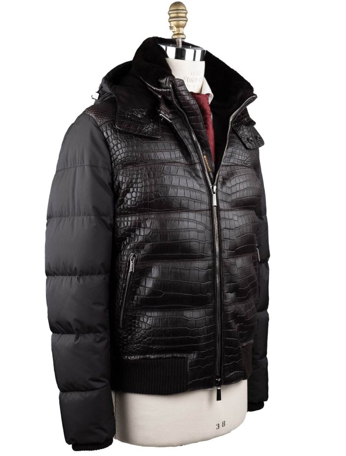 最新最全の Black Brown MooRER Leather IsuiT | Coat Collar Fur Pl Crocodile ジャケット・アウター