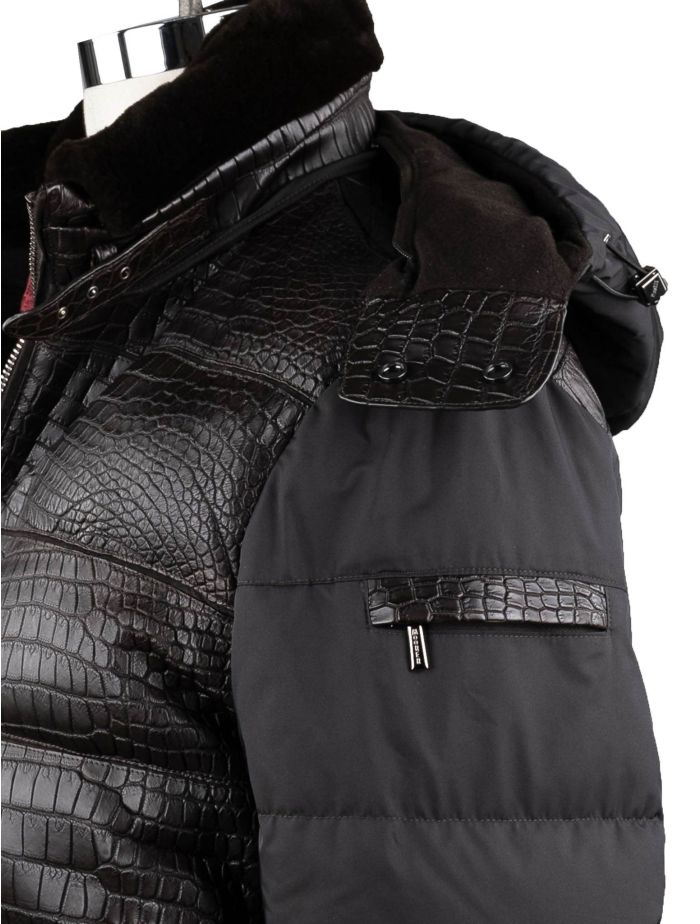 MooRER Brown Black Leather Crocodile Pl Fur Collar Coat | IsuiT