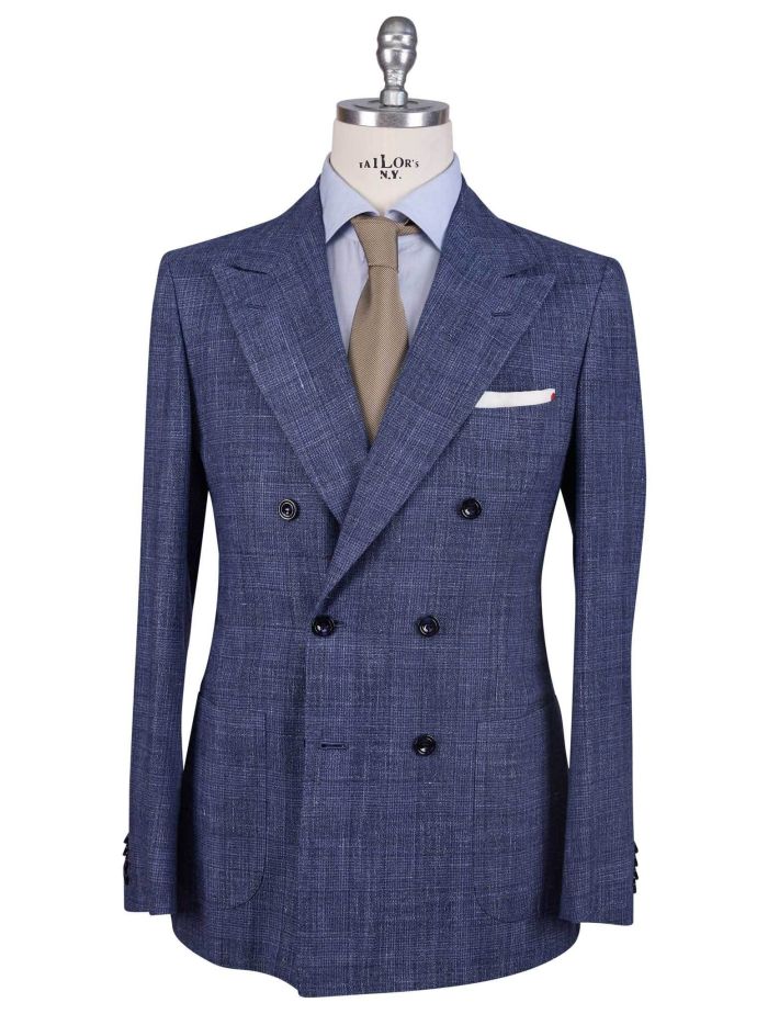 Kiton Blue Cashmere Virgin Wool Silk Linen Double Breasted