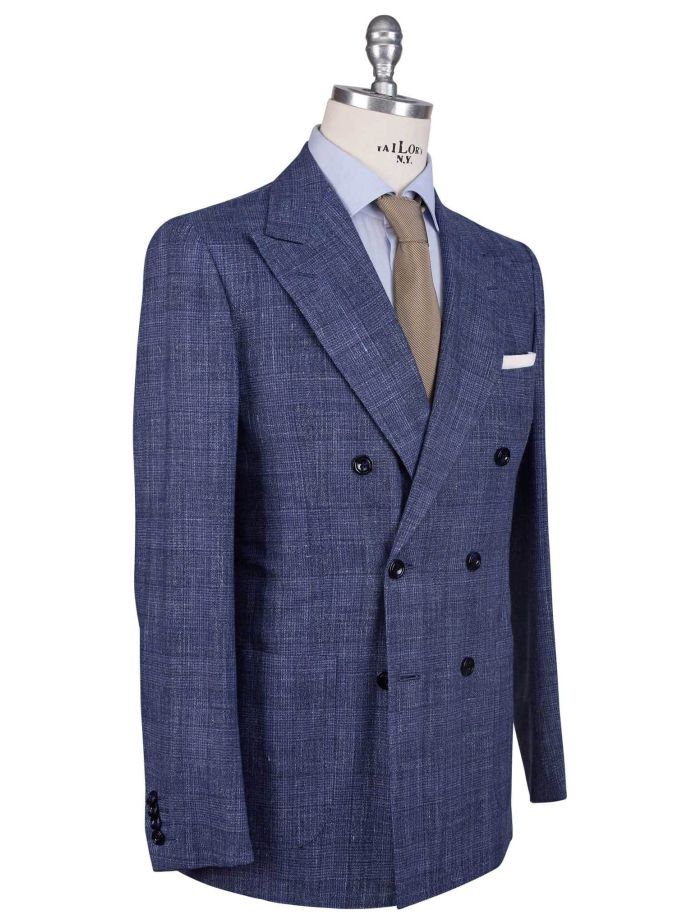 Kiton Blue Cashmere Virgin Wool Silk Linen Double Breasted