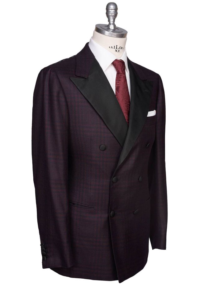 Kiton Burgundy Black Cashmere Double Breasted Smoking Blazer