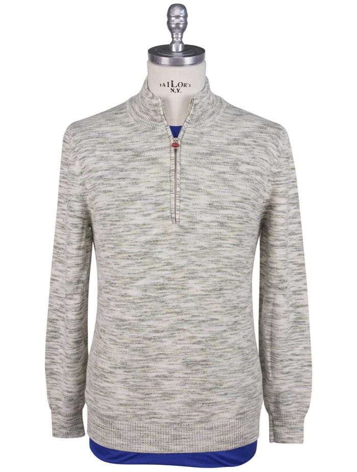 Kiton White Green Cashmere Sweater Half Zip